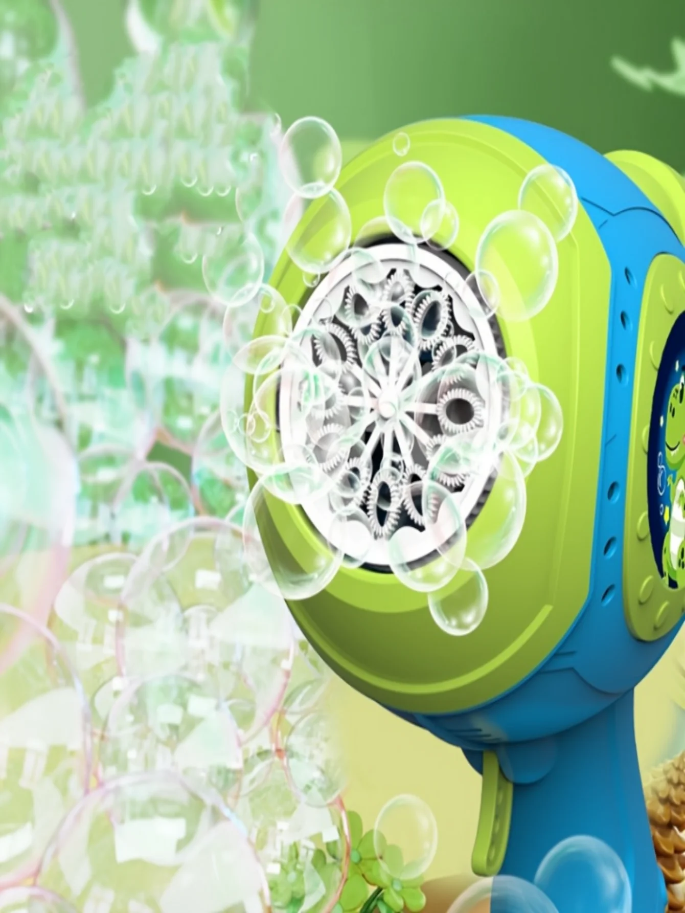 Elektrische Seifenblasenpistole mit Dinosauriermotiv für Kinder. Es handelt sich um eine tragbare automatische Seifenblasenmaschine, geeignet für den Außenbereich.