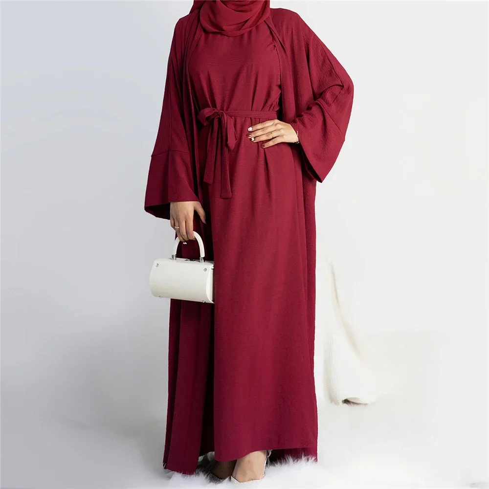 2 Piece Ramadan Open Abayas Dubai Sets Muslim Women Kimono Sleeveless Dress Set Turkey Islamic Arab Cardigan Caftan Robe Outfits