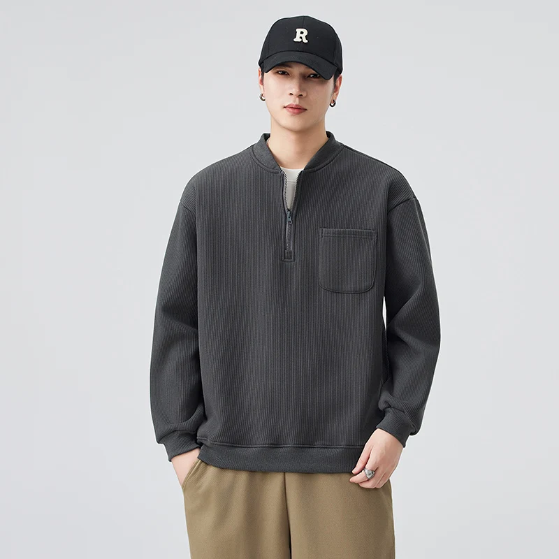 2026 Spring Solid Color Pocket Hoodie Men's Korean Long Sleeve Polo Shirt Streetwear