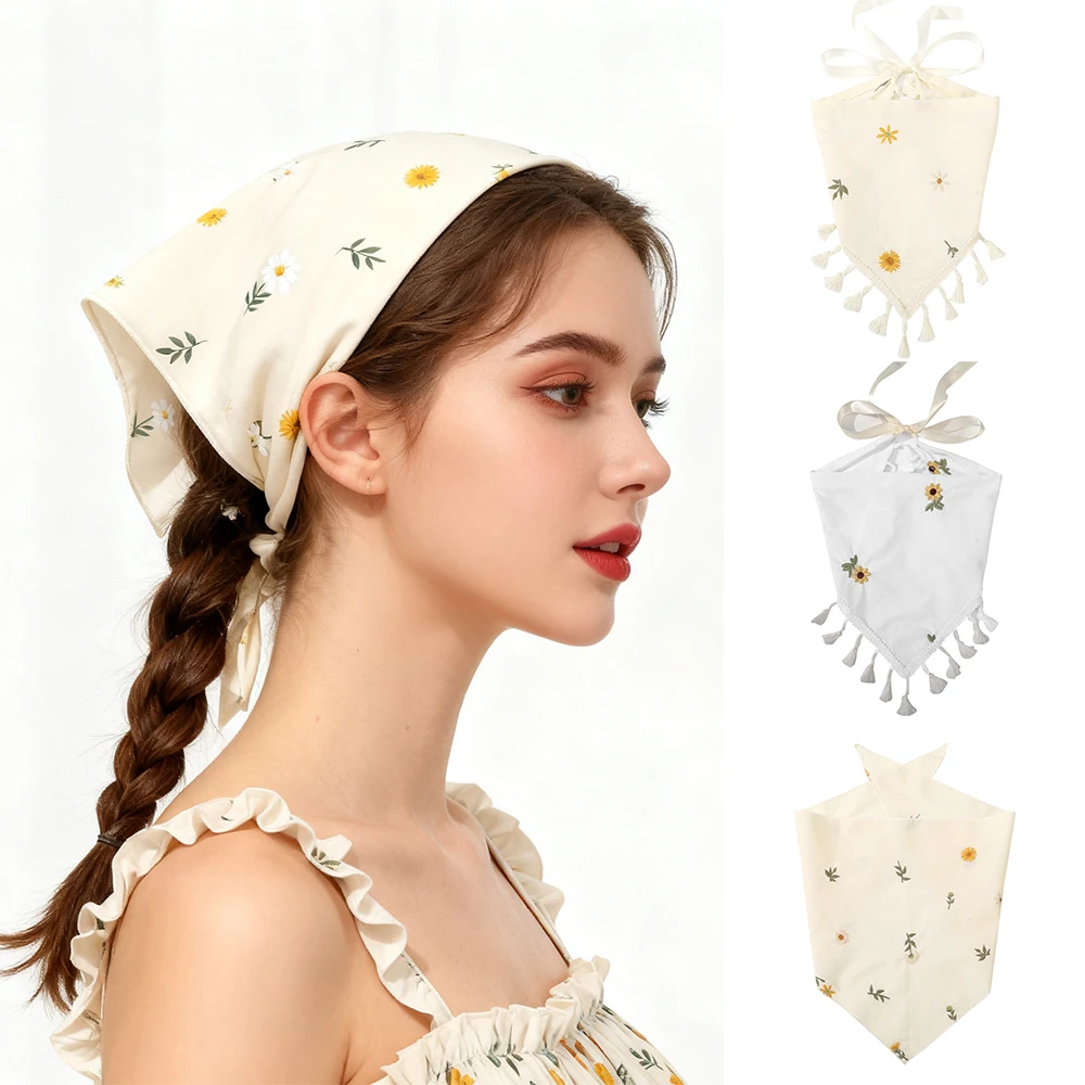 

3Pcs/set Rustic Ivory Floral Fringed Triangle Head Scarf Hair Bandanas Head Kerchief for Girls Tie-Back Boho Hair Scarf Headband