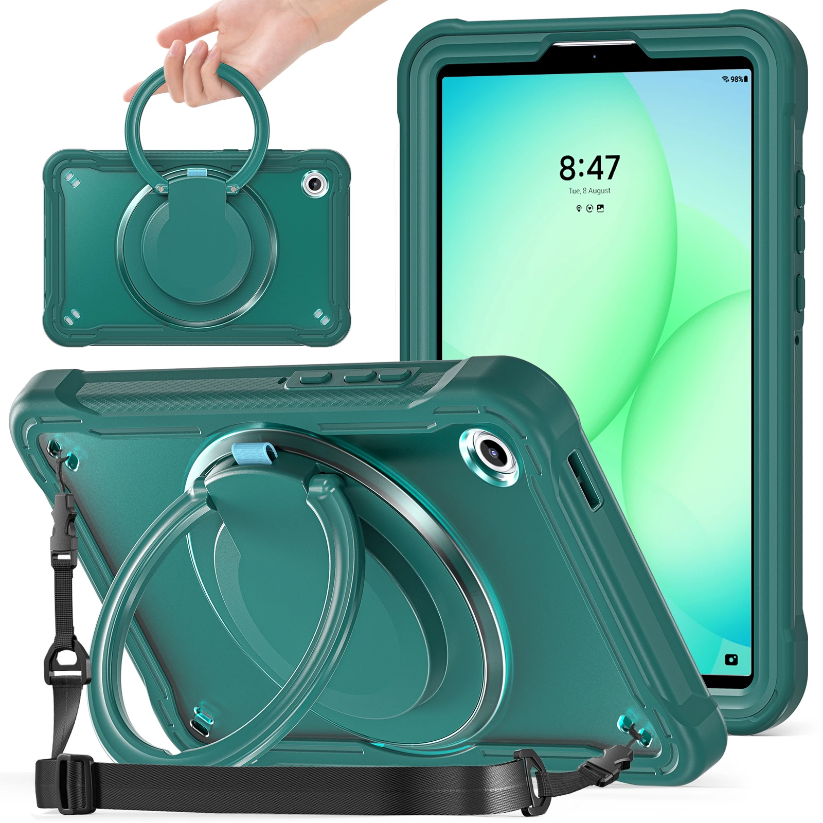 

For Samsung Galaxy Tab A11 Case Rotary Kickstand PC + TPU + Silicone Cover with Shoulder Strap - Midnight Green