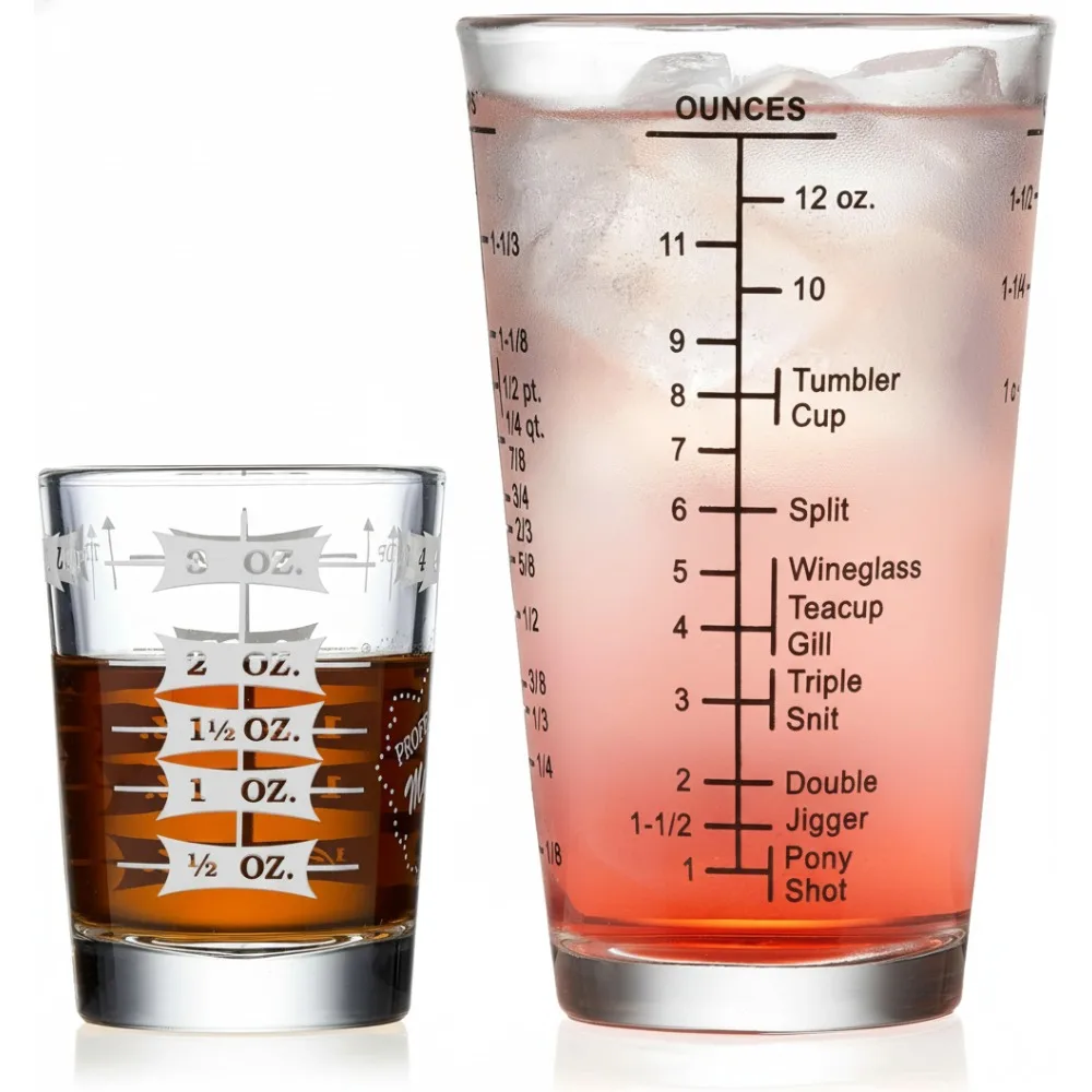 

2-Piece Measuring Glass Set, 16 oz & 4 oz Bartender Mixing Cups with Measurement Lines for Cocktails, Beer