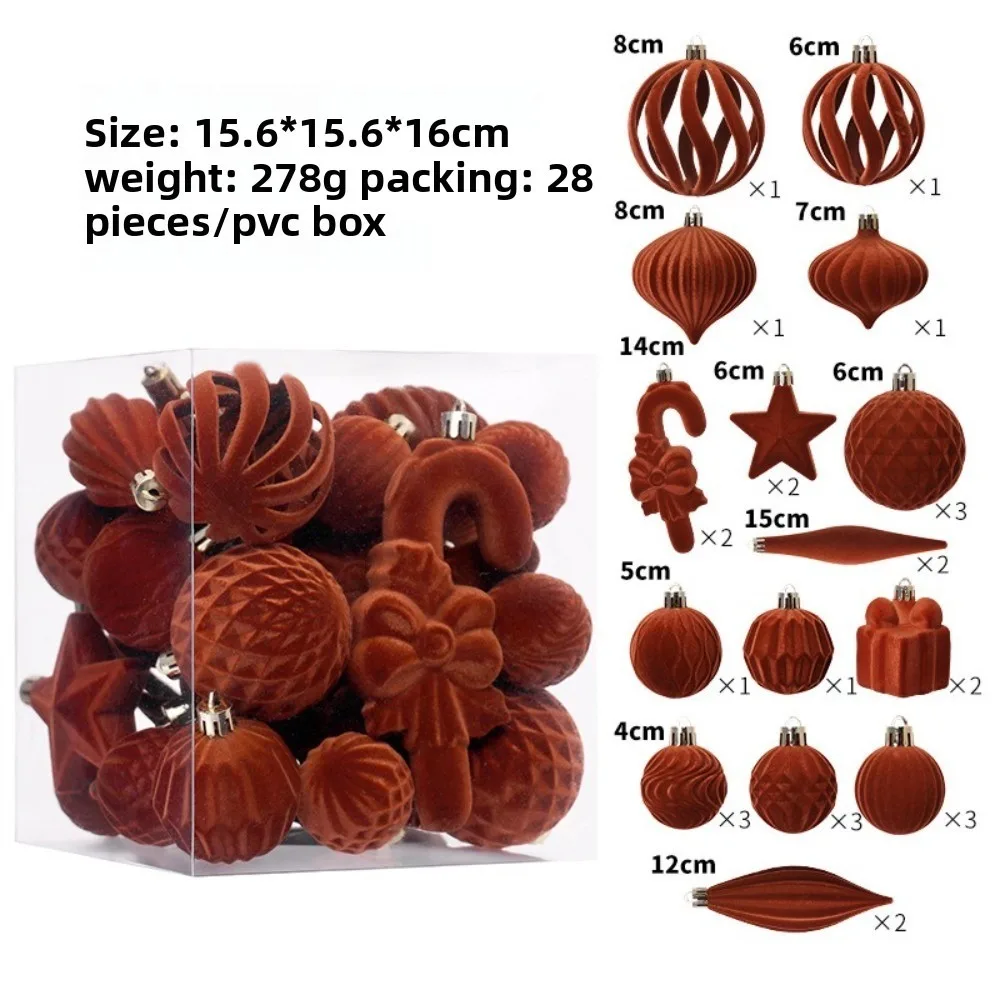 28pcs New Special-shaped Christmas Ball Pendant Flocked Shatterproof Xmas Tree Ornament Christmas Supplies New Year