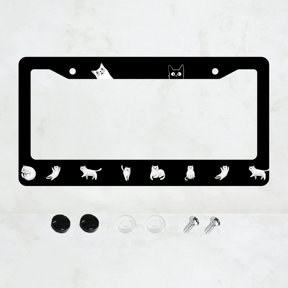

Black White Cat Pattern 2-Hole License Plate Frame Aluminum 6x12 Inch with Screw Set Funny Cartoon Car Decor Gift