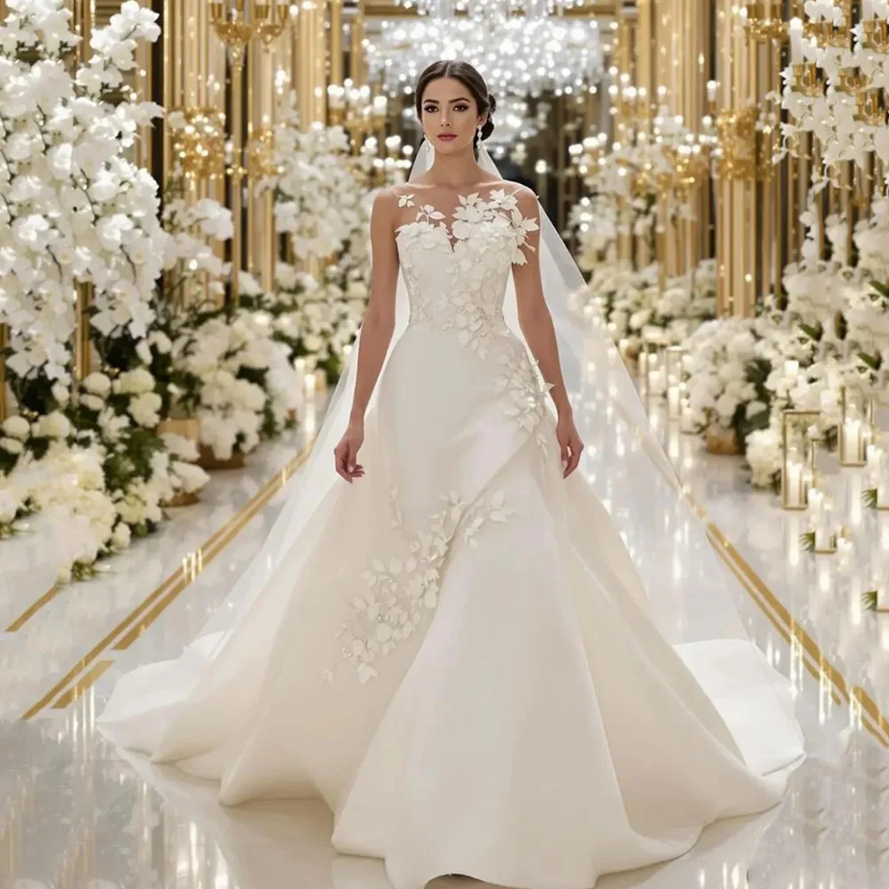 

2026 Luxury Wedding Dresses 3D Floral Appliques Illusion Ball Gown Elegant Bride Gown Sleeveless Train Bridal Dress Customized