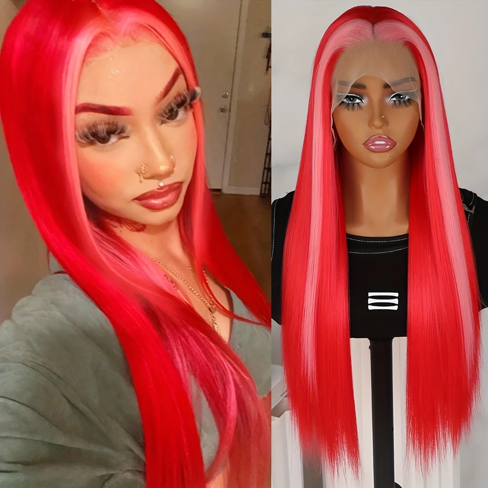 

Синтетический парик с кружевной передней частью, красный с полосками, 26 дюймов, длинный, шелковистый, прямой, с светло-розовыми прядями, термостойкий, для вечеринок