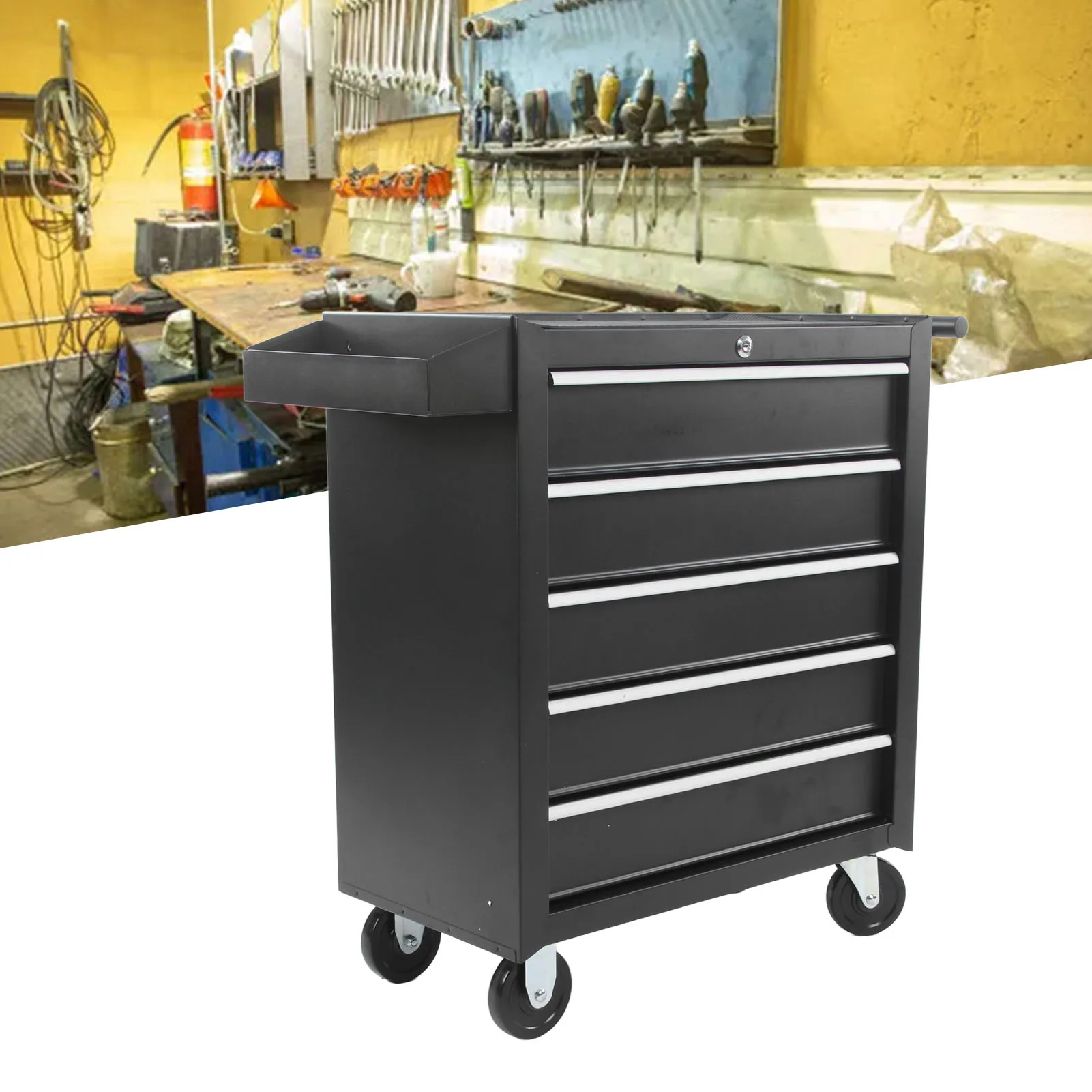 Black 5 Drawer Hand Push Tool Trolley Cart Smooth Slip Internal Locking System Tool Cabinet for Garage