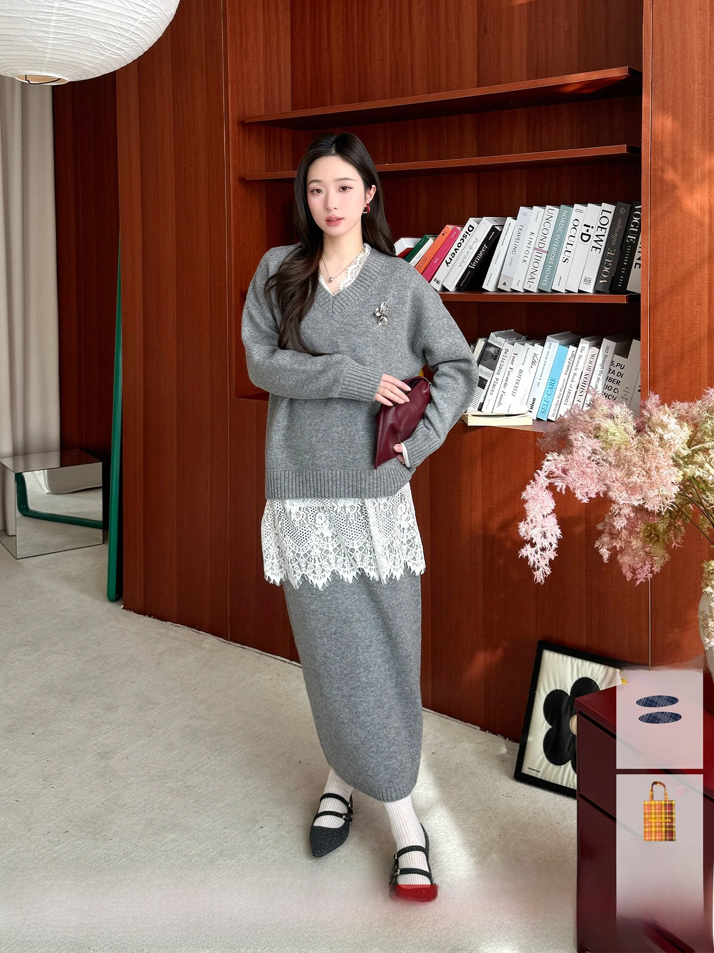

MIMBLANCHE New Arrival Lace V-Ne Wool Sweater f Skirt Real Two-Piece Autumn Winter Women's Loose Fit Long Sve Knitwear