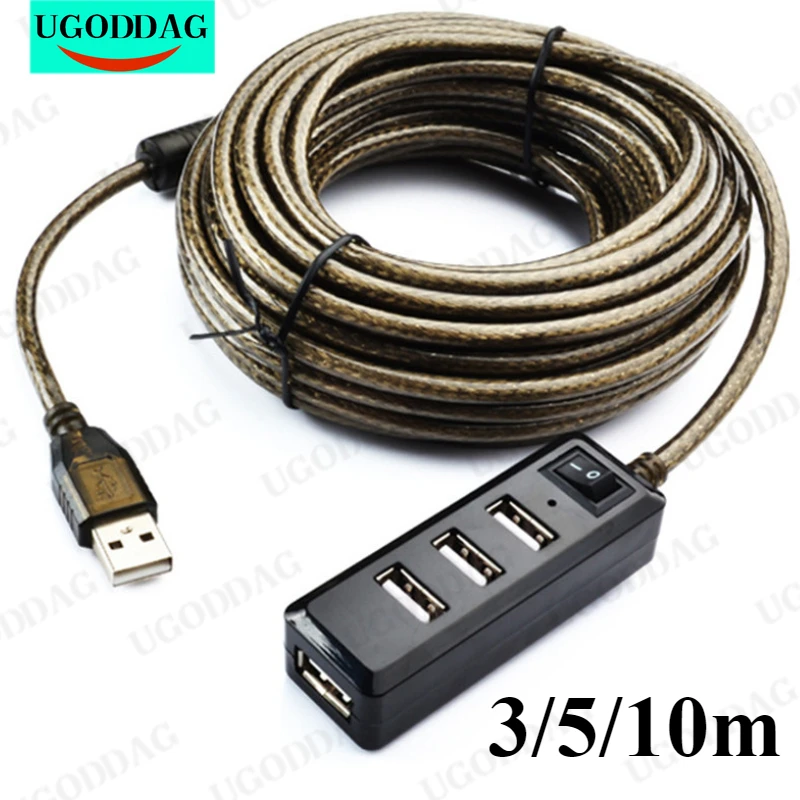 5m USB 2.0 HUB Extender 4 Ports with Switch USB Extension Cable Computer Splitter 3m 10m