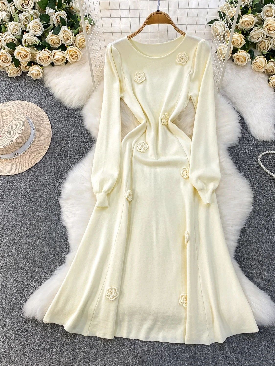 Ele French Sle-suéter redondo de cintura alta para mujer, tejido Dr, decoración floral 3D, adelgazante, invierno