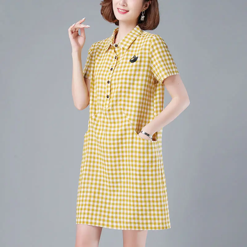 Summer Plaid Button Pullover Embroidery Solid Color Pockets Women\'s Clothing Loose Casual Turn-down Collar Knee Skirts Dresses