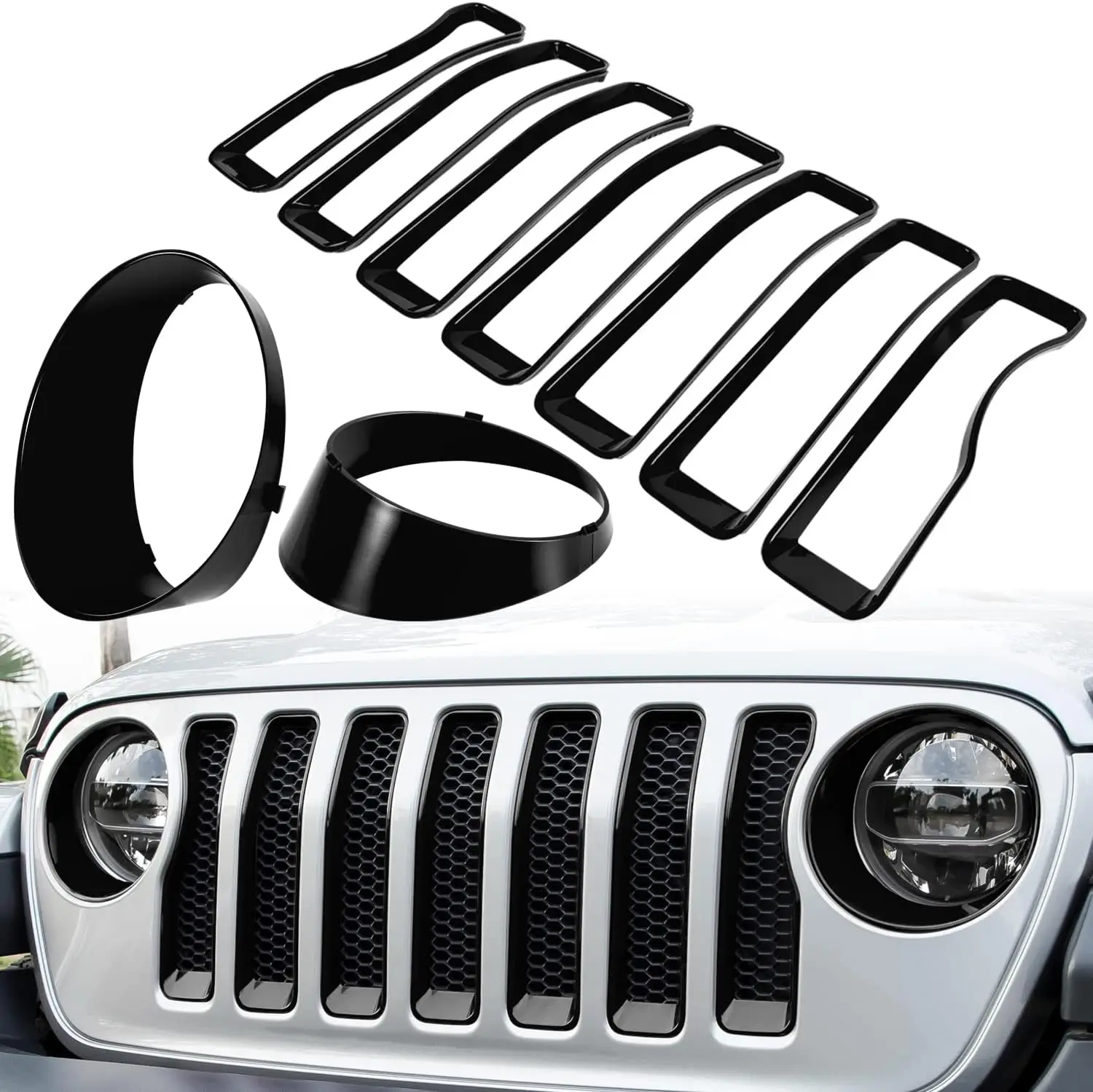 1set Mesh Front Grille Grill Insert Headlight Light Cover Trim Black For Jeep Wrangler JL JLU 2018-2022  Exterior Accessories