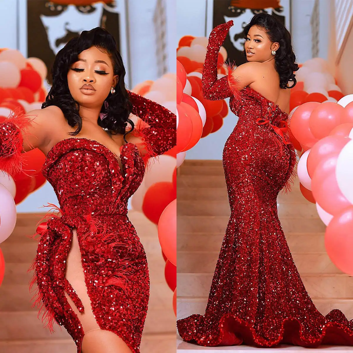 

Luxurious Sequins Mermaid Prom Gowns Strapless Side Slit Evening Dresses Feather No Gloves Special Occasion Customized Dresses