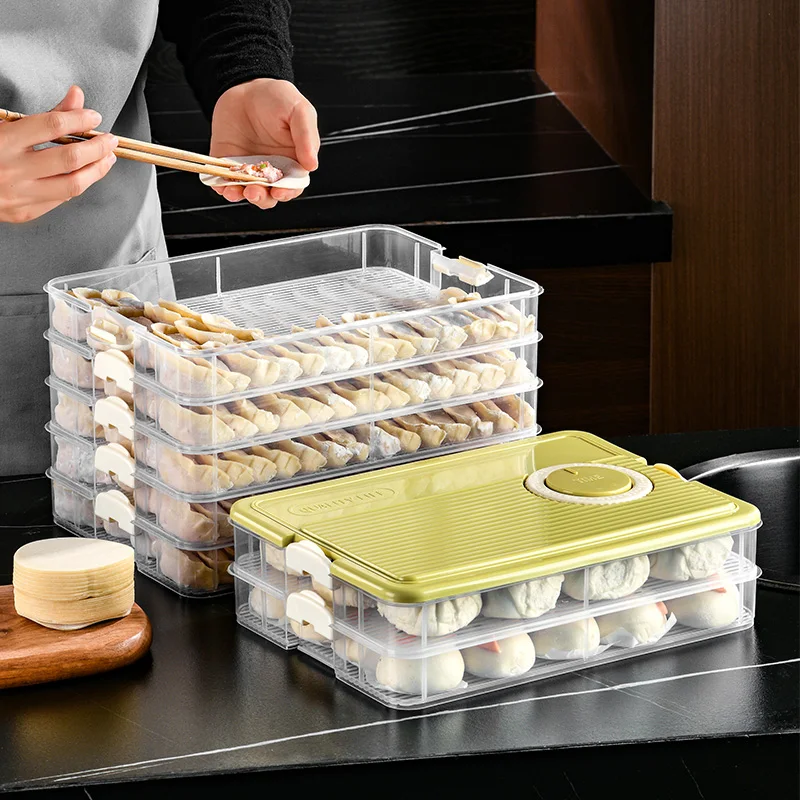 Multilayer Plastic PP Refrigerator Storage Bins Removable Rectangular Dumpling Containers with Timer Kitchen Food Organization