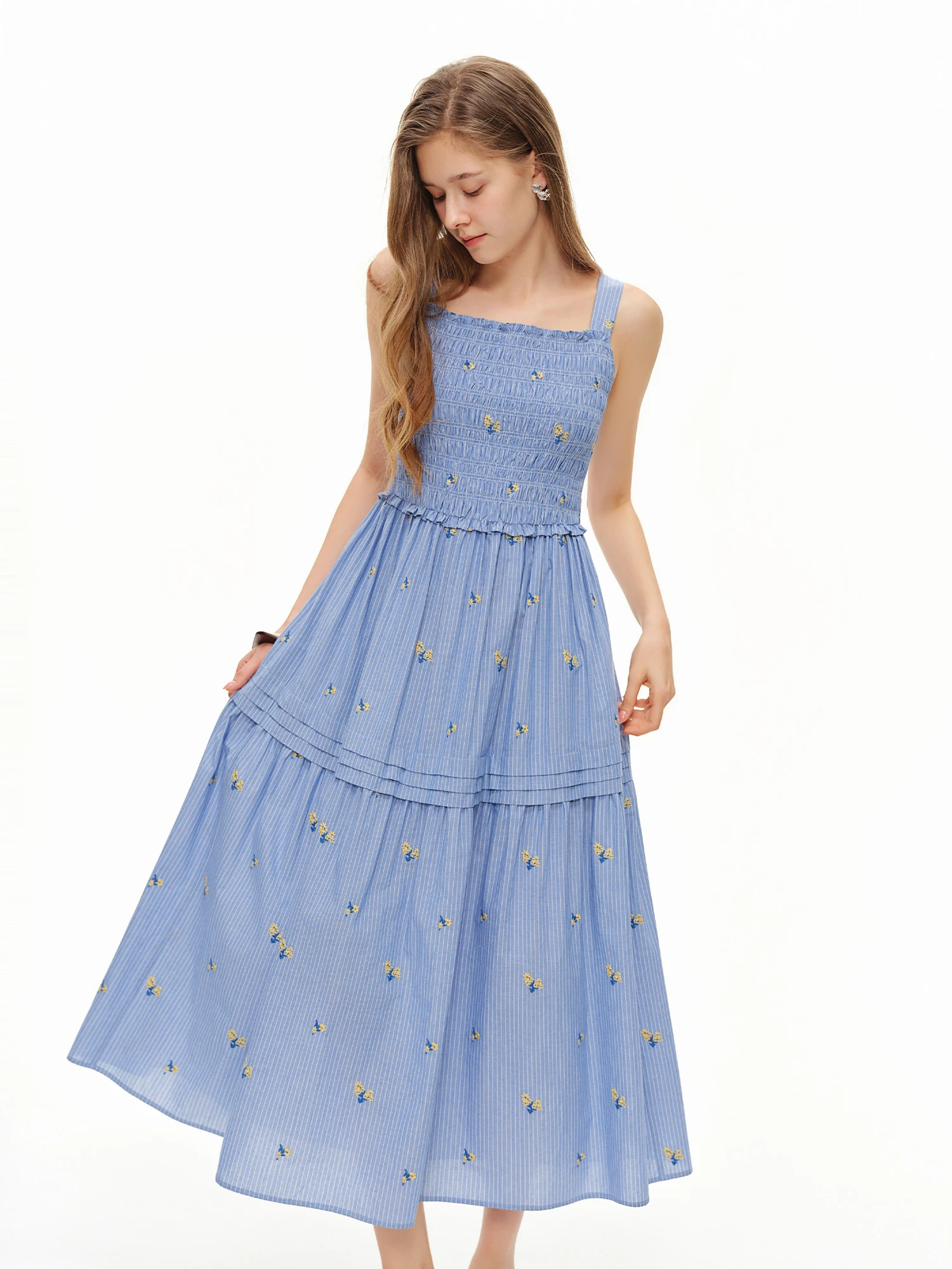 DUSHU Women's Island Holiday Floral Strap Halter Summer Resort Dress  2026 Summer New Arrival Elastic Long Lenghth Cotton Dress