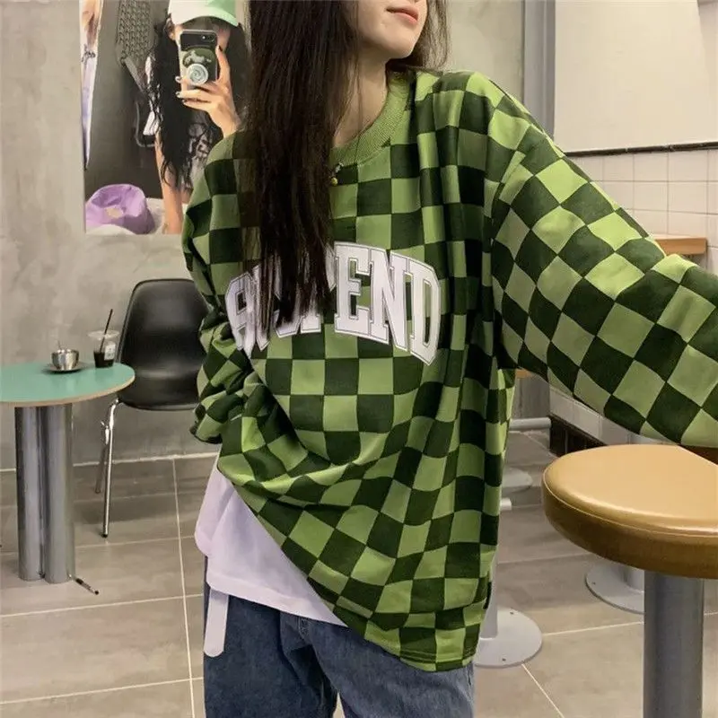 Sweatshirt High Quality Checkerboard Letter Print Hip Hop Women'S Loose Slimming Versatile Bottoming Top For Spring And Autumn