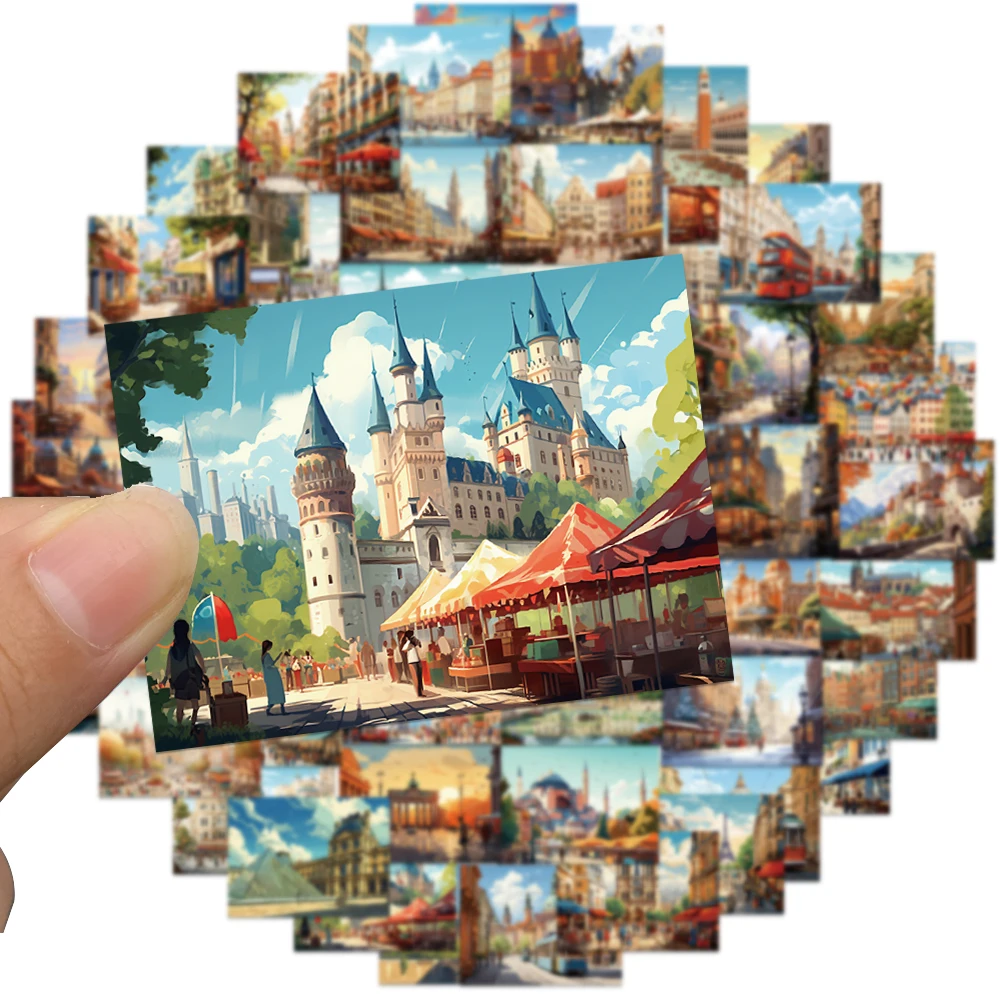 50pcs Cartoon European architecture Stickers Decal For Luggage Laptop Phone Graffiti Waterproof Sticker Gifts for Adults Kids