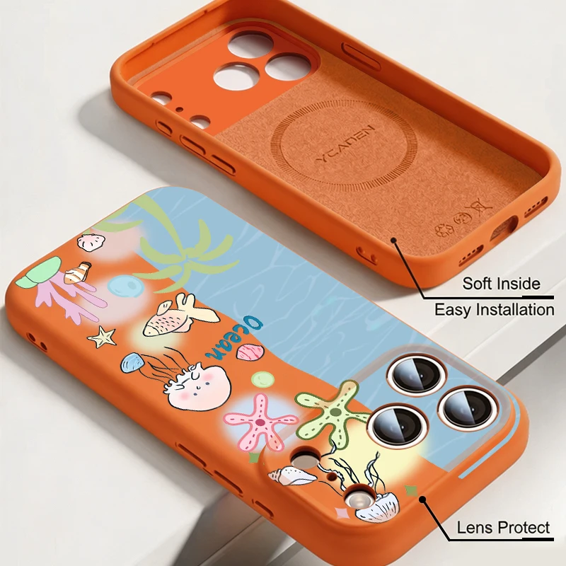 Magnetic Liquid Silicone Phone Case For iPhone 17 Pro Max 16 15 14 13 Pro Max For Magsafe Marine Animal Iron Circle Soft Cover view 3