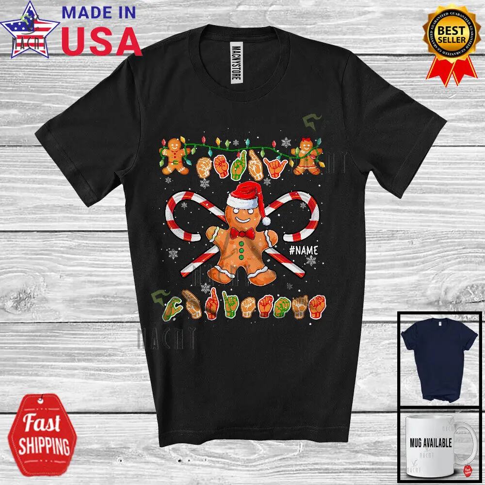 

Custom Name Merry Christmas; ASL Hand Sign Language Candy Cane Gingerbread Shirt