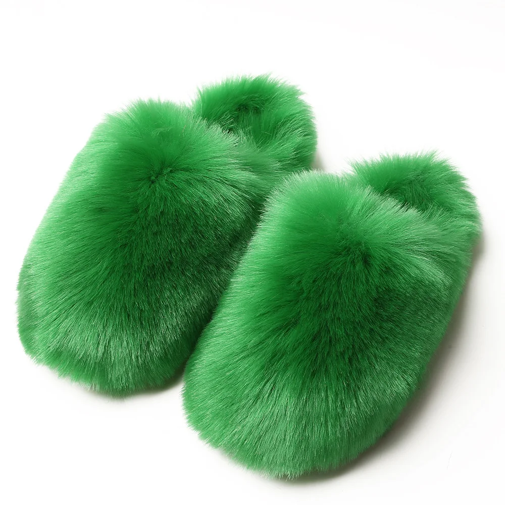 Luksusowe kapcie ze sztucznego futra Furry Shoes Women Raccoon Fox Fur Slides Flat Plush Fuzzy Flip Flop Winter Warm Fluffy Slipper Woman