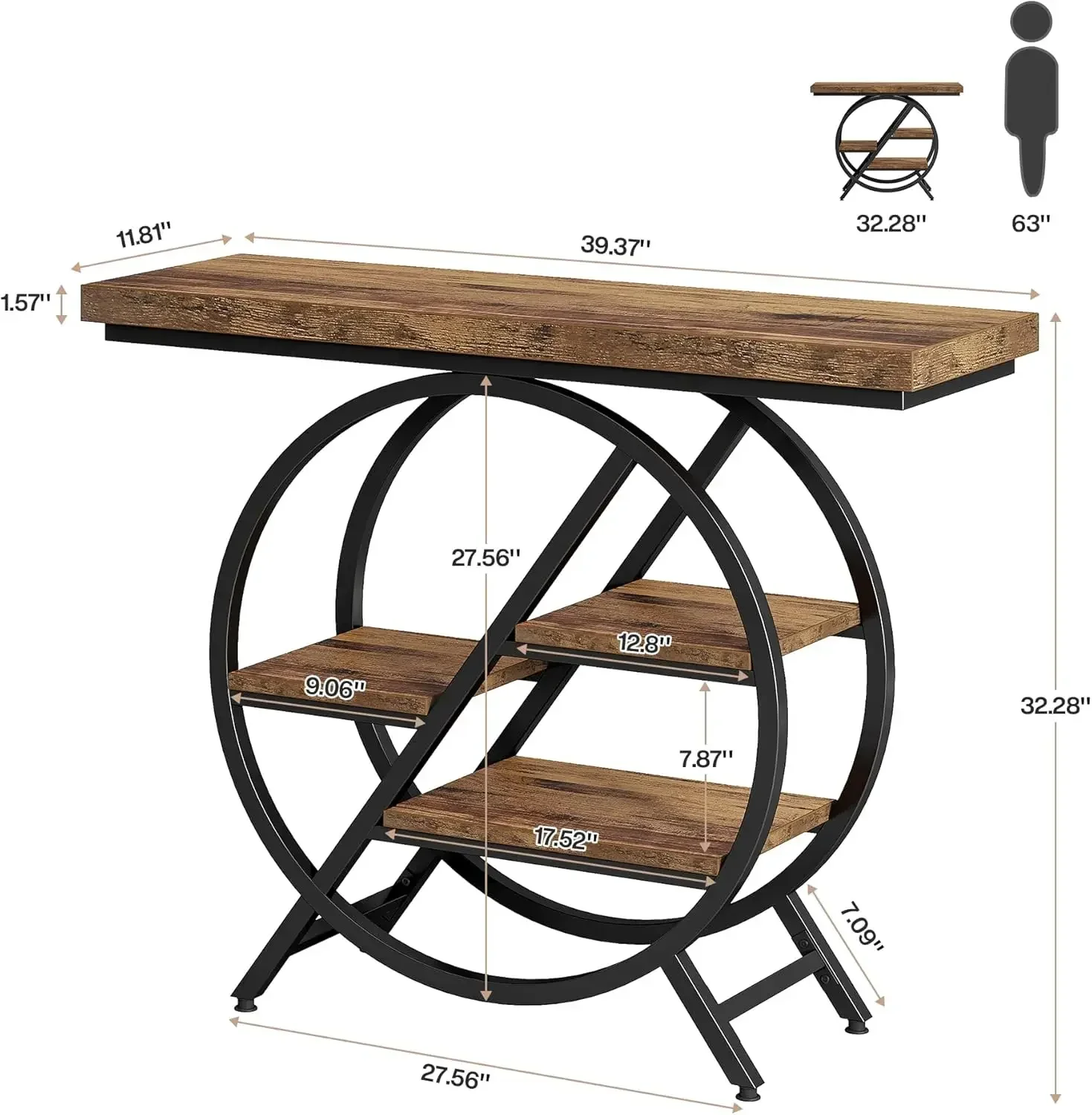 Console Table, 39.4-Inch Entryway Table with Thickened Tabletop, 4- Tier Industrial Narrow Hallway Sofa Table with Geometric