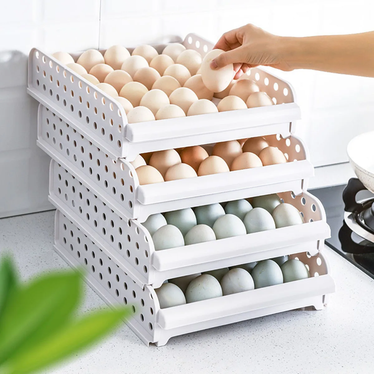 

30 Compartment Egg Storage Container Stackable Bpa Free Plastic Box for Refrigerator Organizer White Kitchen Essential