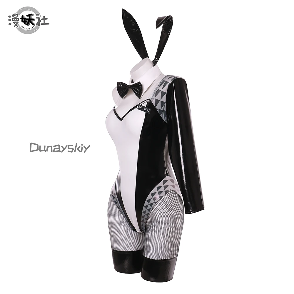 FREEing Vocal Series 01 disfraz de chica conejito mujer tela de cuero elástico Sexy Cosplay traje de conejito monos blancos y negros