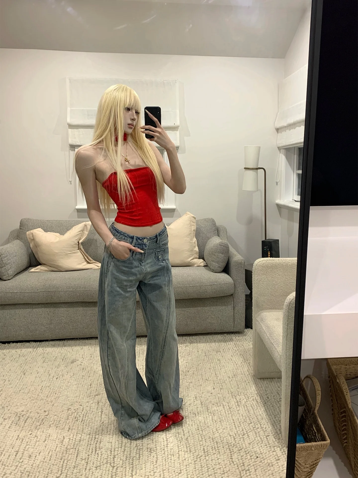 

Light Blue Waed Wide Leg Loose Fit Denim Jeans Rase Le sol'Harore Brand Cotton Low Waist Zipper Closure Ladies Jeans