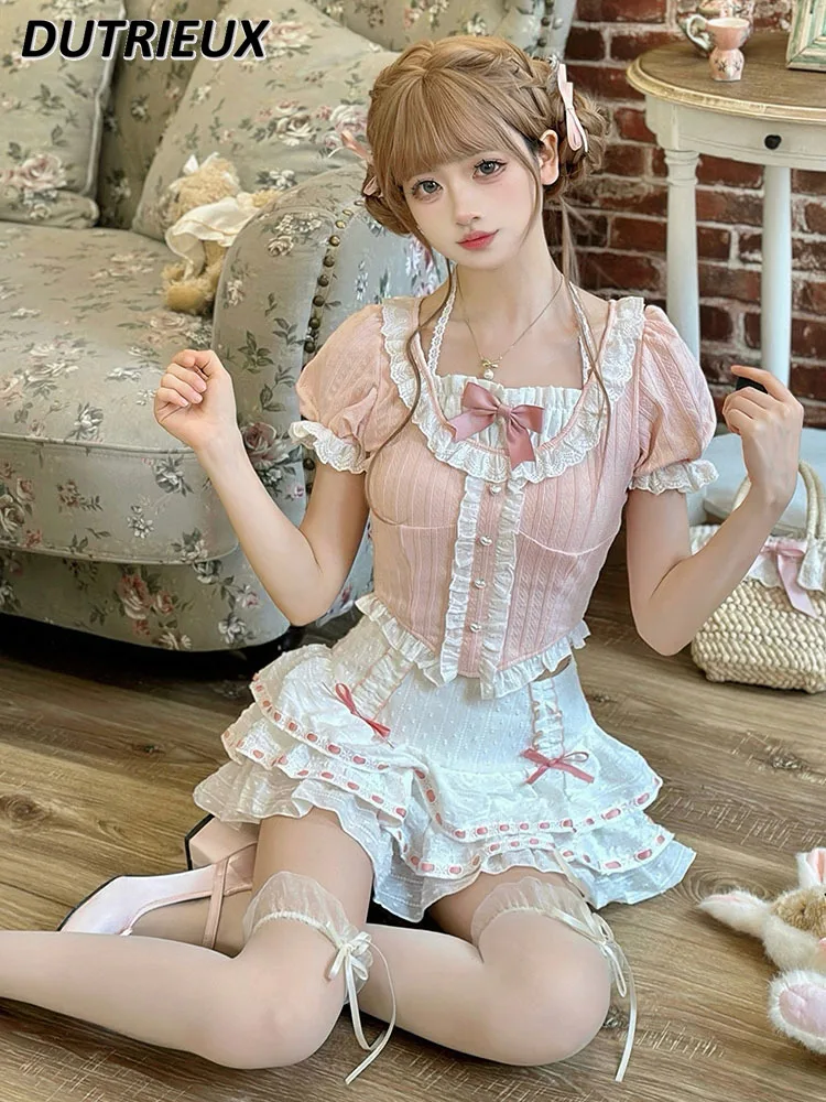 

Summer New Sweet Princess Style Puff Short Sleeve Top Lace Bow Halterneck T-shirt and Ruffled Cake Skirt Two-Piece Set