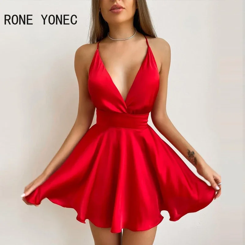 Women Solid  Spaghetti Strap Deep V neck Wrap A Line Mini Bodycon Sexy Party Red Dress