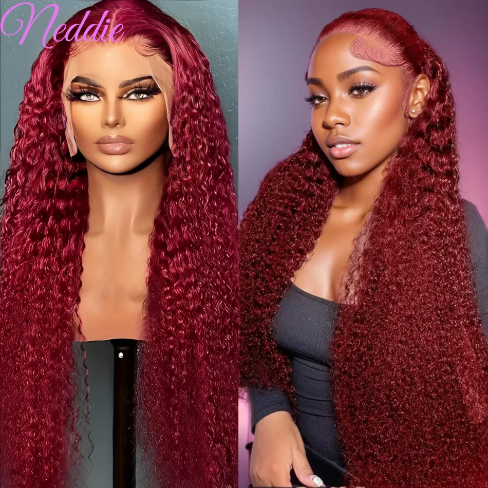 Kręcone Ludzkie Włosy Peruka 100% Wybór 30 40 Inch Burgundy HD Lace Frontal Wig 13x6 Deep Wave Dla Kobiet Tanie Peruki Na Sprzedaży Wyprzedaż