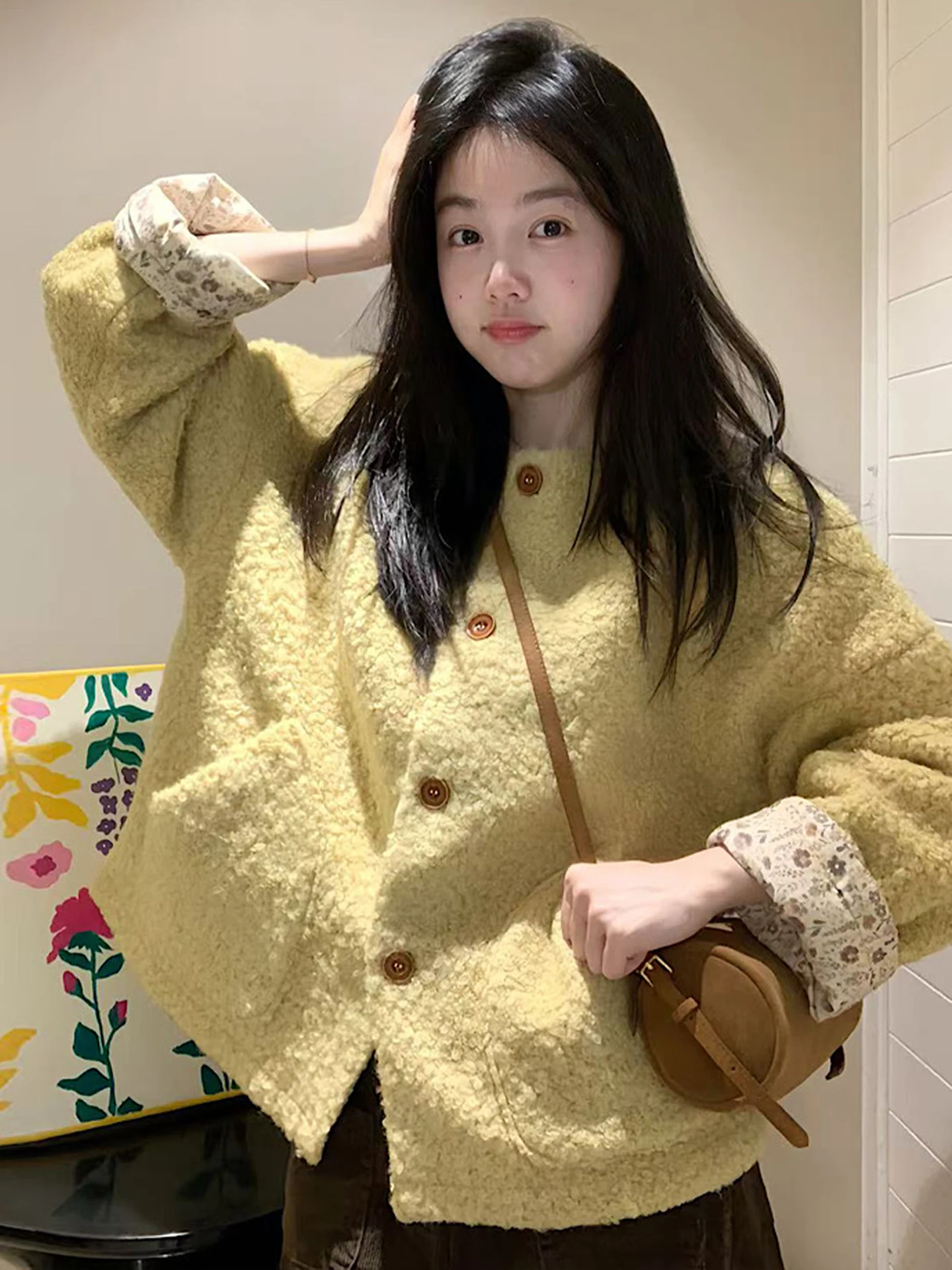 

Женская шерстяная куртка больших размеров с цветочным пэчворком, свободного кроя, в корейском стиле, для повседневной носки, утепленная, с длинными рукавами, осень-зима