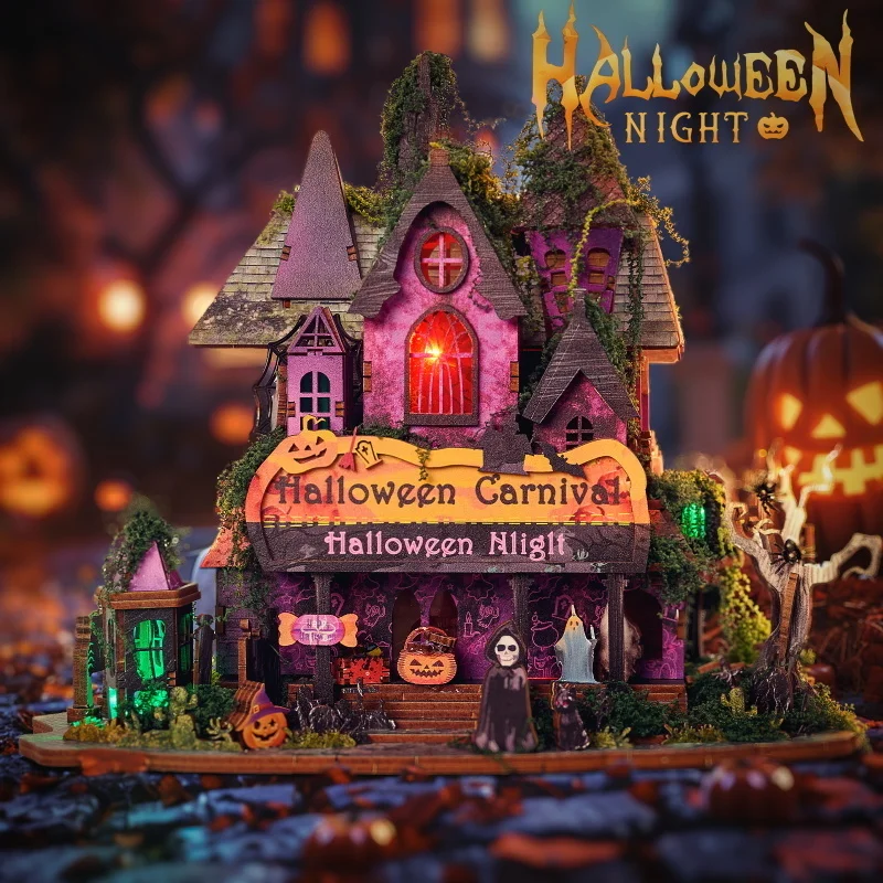 

Retro DIY Wooden Halloween Night House Figurines Miniatures Kits With LED Lights Home Desk Decoration For Adult Handmade Gifts