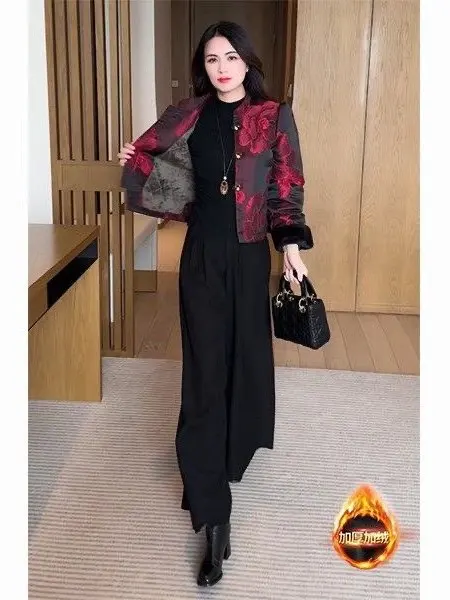 

Модная женская утепленная куртка в китайском национальном стиле с цветочным принтом, с длинными рукавами, осенне-зимняя верхняя одежда