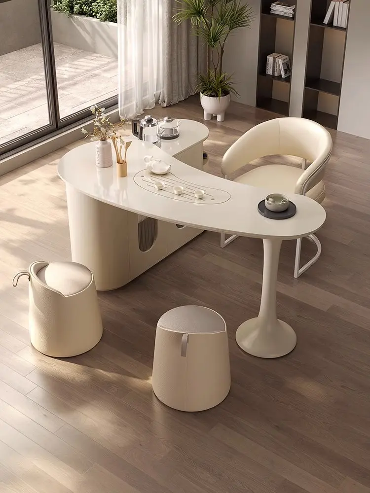 

Cream wind balcony tea table and chair combination modern light luxury rock slab tea table small apartment office tea table hous