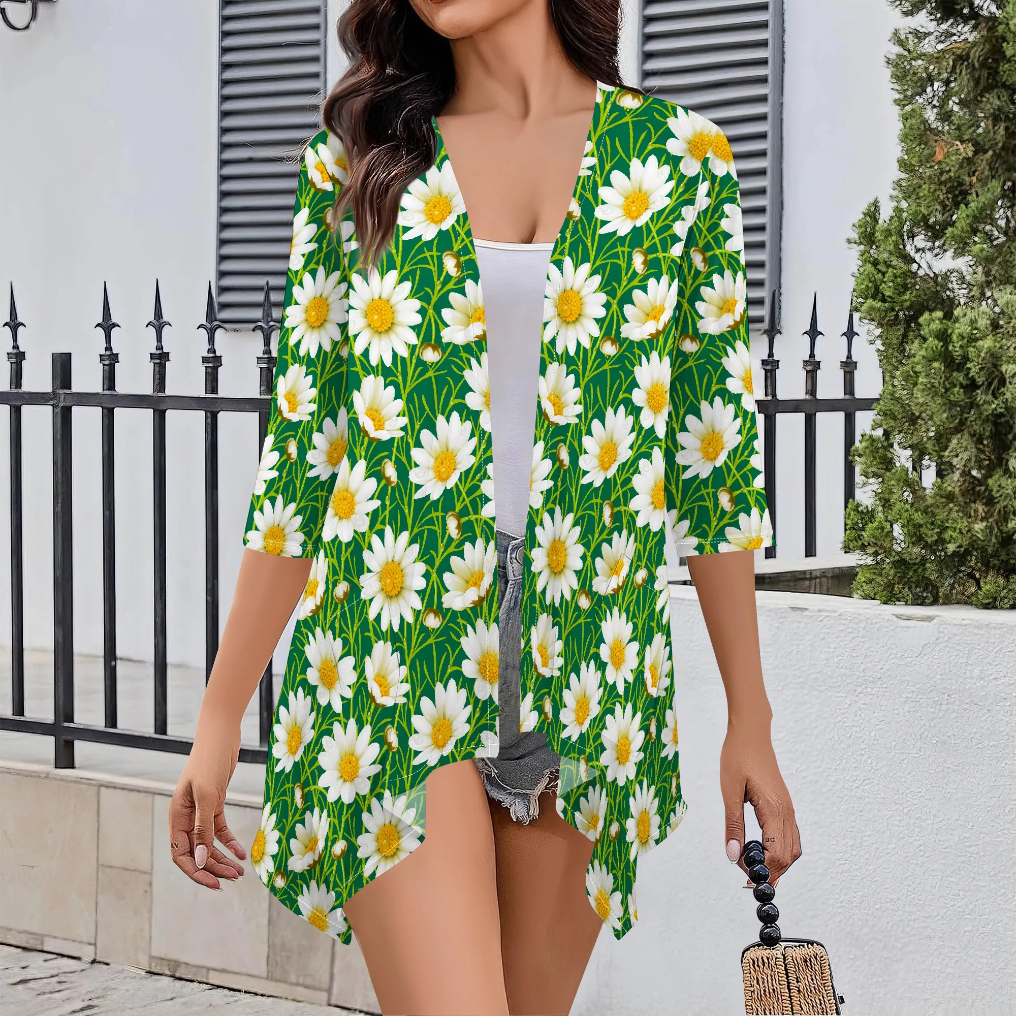 

Women's Thin Coat Half Sleeve Floral Print Cardigan Lightweight Blouse Shirts Fashion Outdoor Wear with Pocket