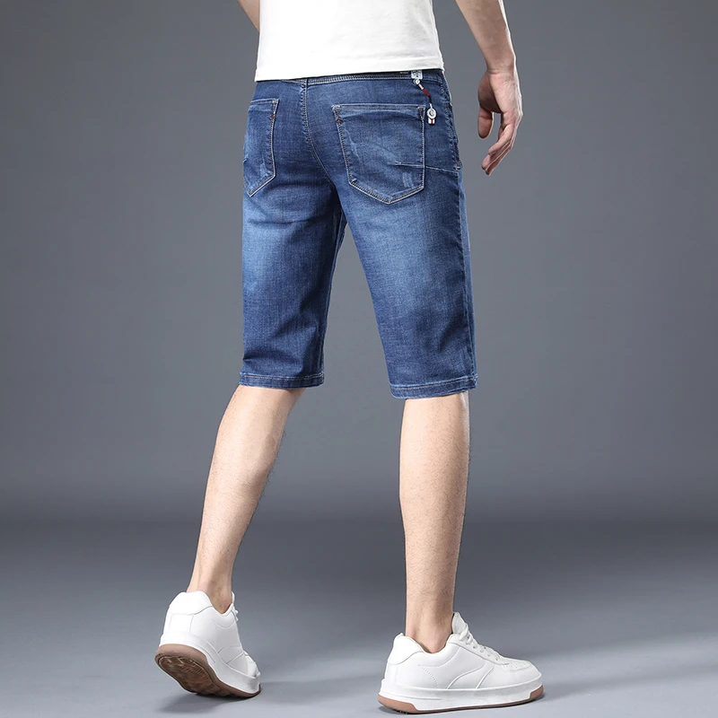 2024 New blue Denim Shorts for Men's Summer Thin Style New Loose Straight knee length pants Elastic short jeans for men clothing
