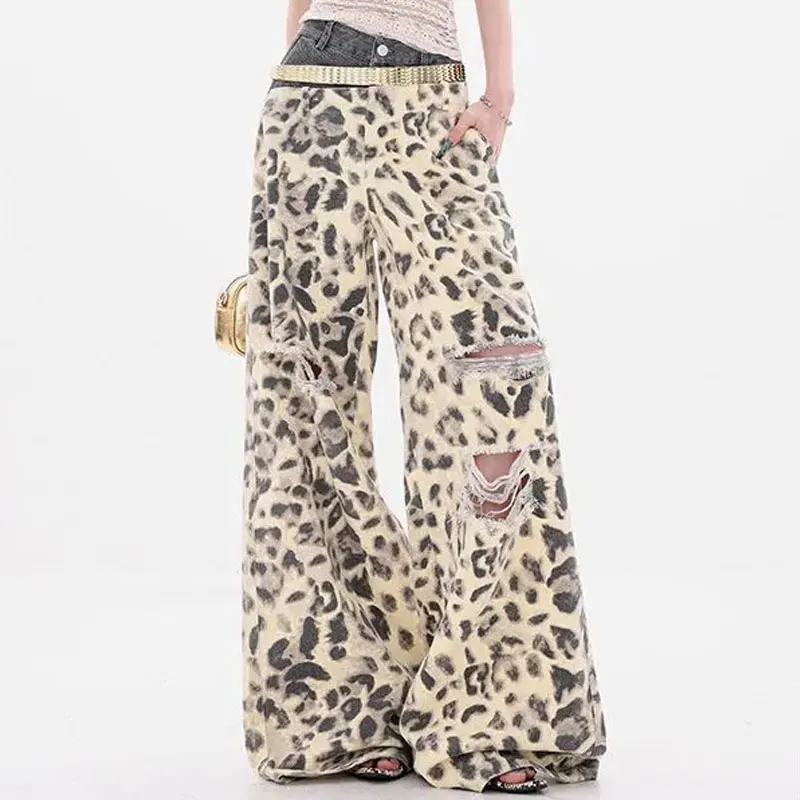 Women Leopard Print Wide Leg Jeans Asymmetric Contrast Dark Denim Waist Multi Frayed Ripped Hole Baggy Street Casual Trousers