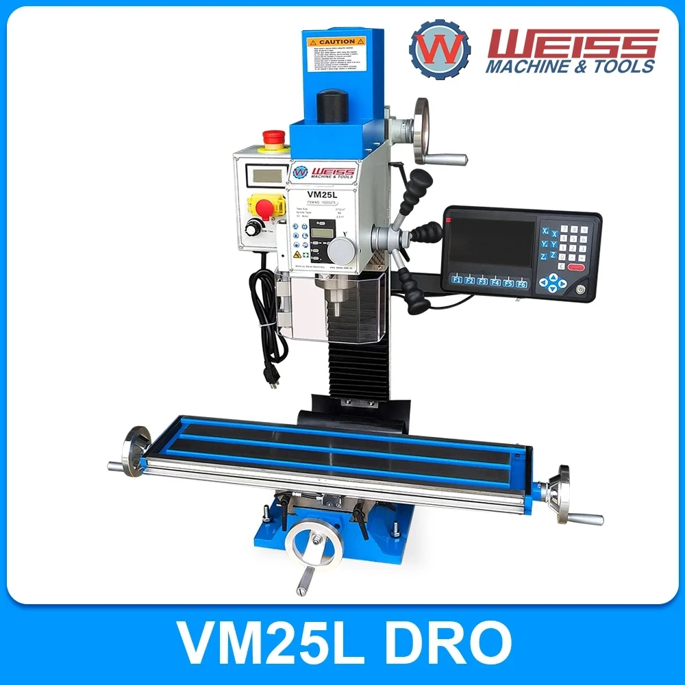 WEISS benchtop milling machine VM25L DRO milling drilling machine variable 2250rpm 1100w brushless motor mill drill MT3 R8