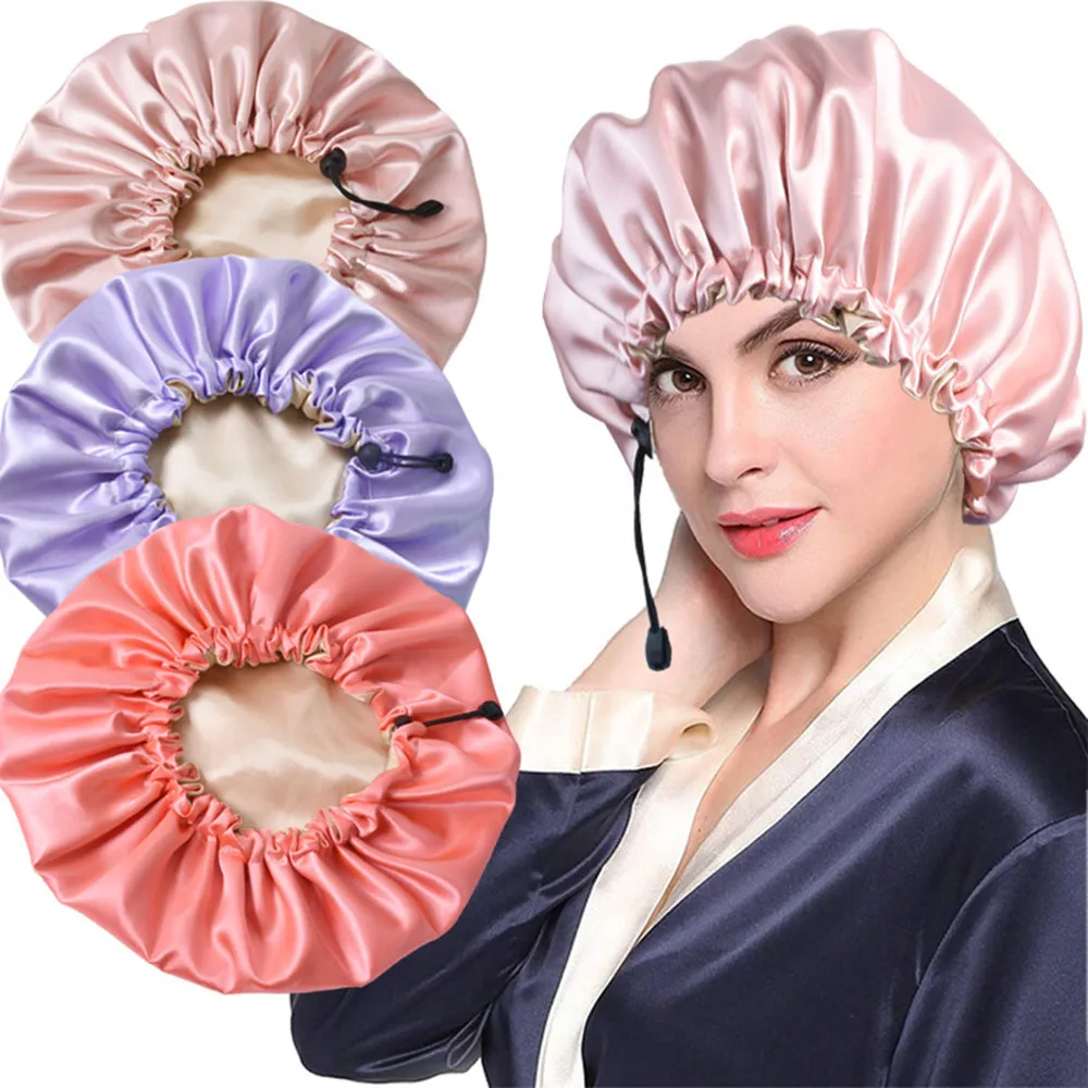 Waterproof Bath Hat Women Shower Cap Elastic Reusable Bath Hat Bathroom Double Layers Hair Cover Women Bathroom Accessories