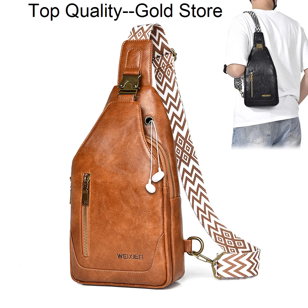 Men Cross body Backpack One Shoulder Sling Chest Bag Fashion Retro PU Leather Travel Casual Male Messenger Side Crossbody