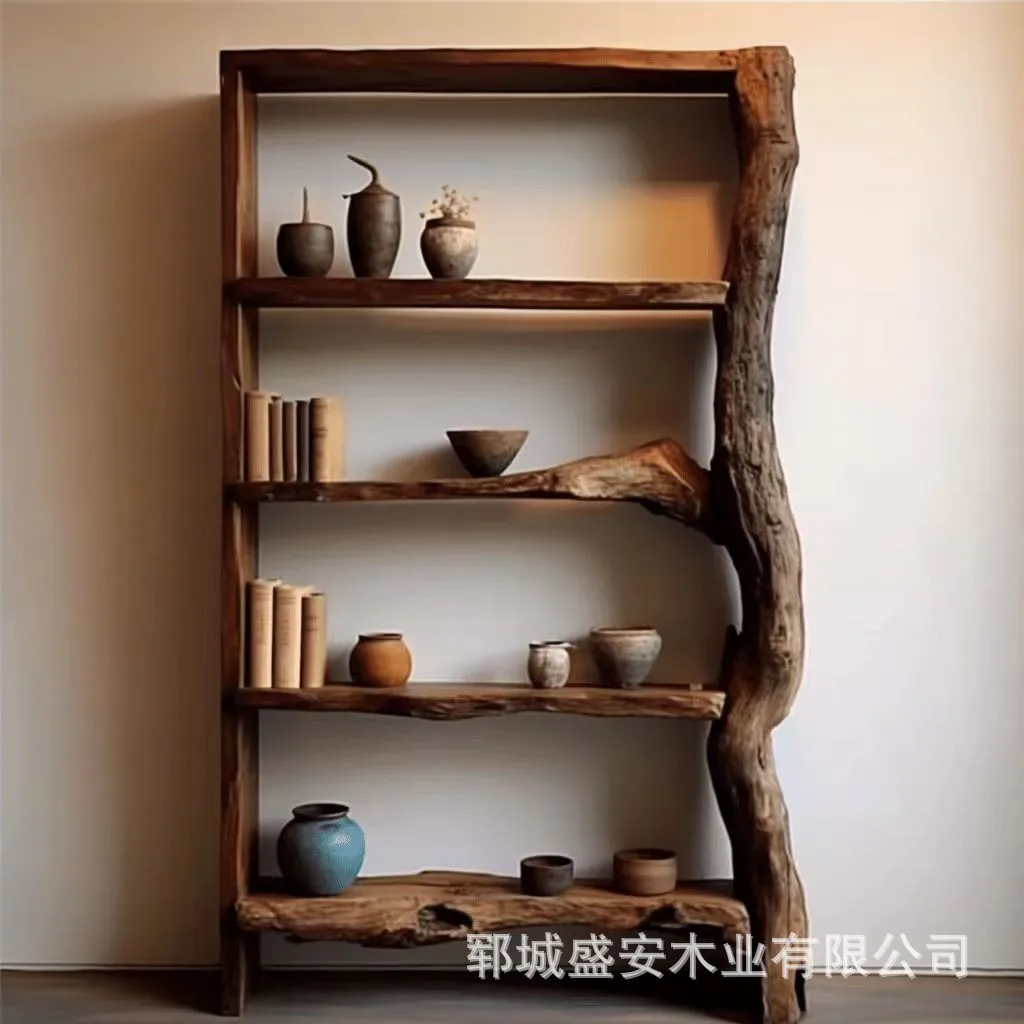 

Old elm wabi wind bookshelf storage shelf floor-to-ceiling multi-layer Bogu shelf storage display cabinet furniture solid wood