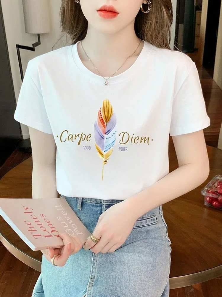 TuangBiang Summer 2023 New Gradient Feather Letter Printing Apricot Cotton T-Shirt Casual Short Sleeve Lady Tshirt Feminine Tops