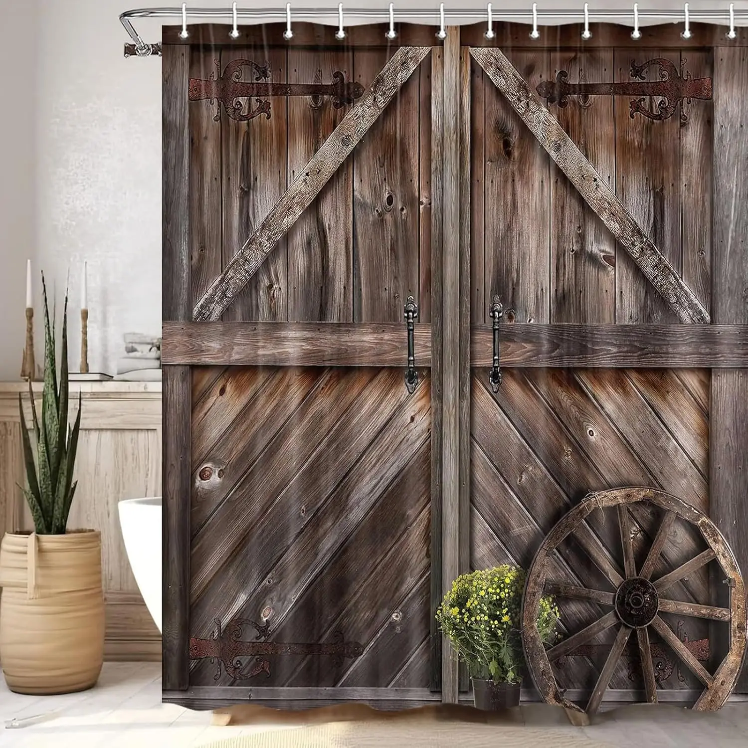 

Rustic Barn Door Shower Curtains, Western Vintage Farmhouse Wood Board Retro Decor Curtain Sets for Bathroom Decor, Brown Wooden
