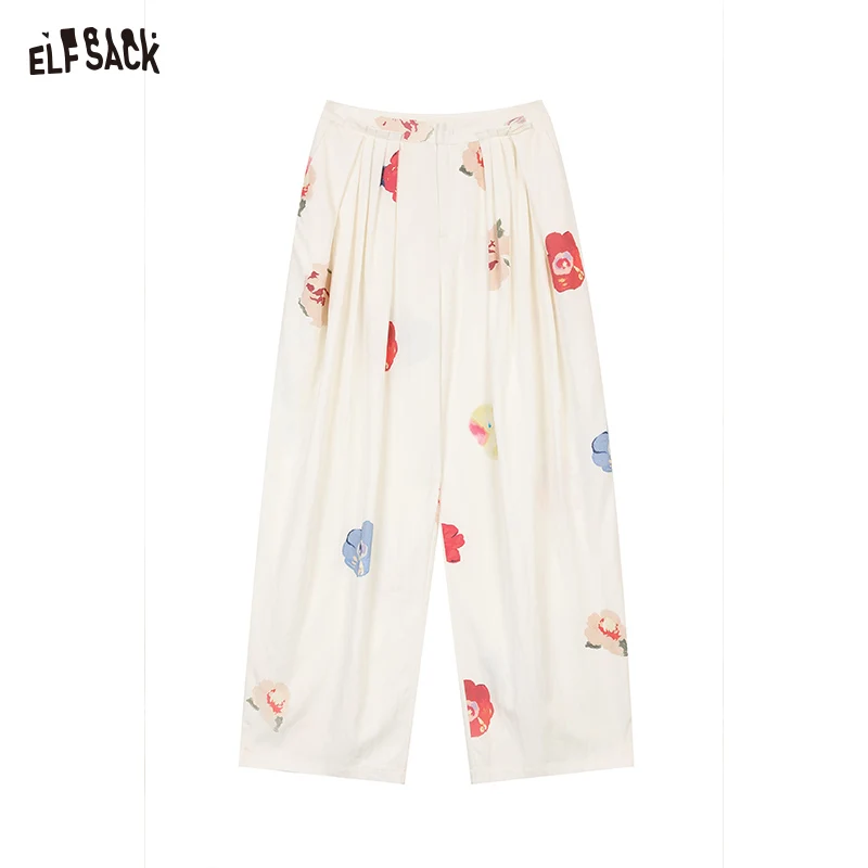 ELFSACK 2025 Summer New Arrivals Hand Drawn Flower Pleated Casual Straight Leg Wide Leg Pants For Women