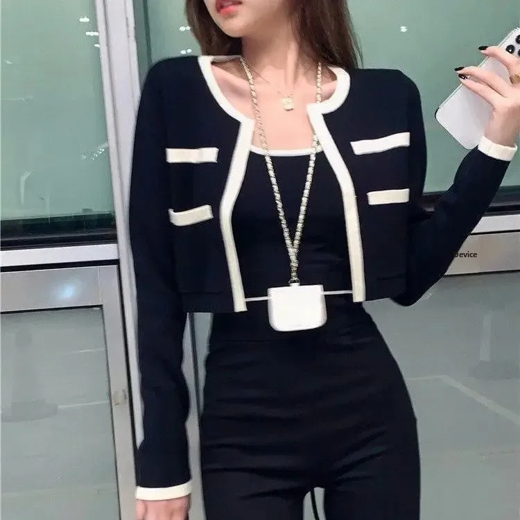 French Style OL Color Blocking Knitted Cardigan Jacket Women's Tweed Style Summer New Tank Vest Short Top 2-Piece Set