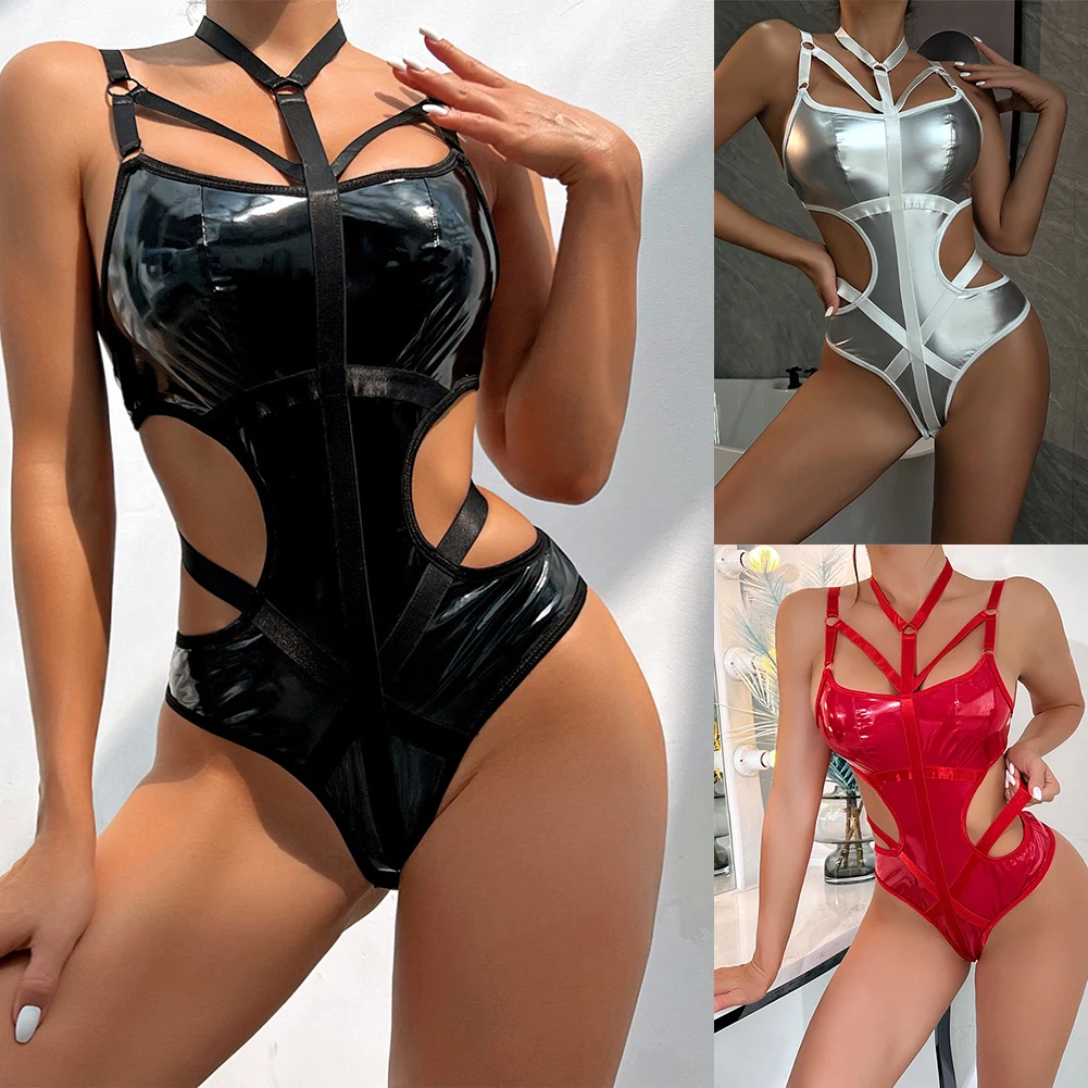 PU Leather Lingerie Women Bodysuit Club Night Sexy Slightly Stretched Solid Color Wet Look With Garter Club Wear