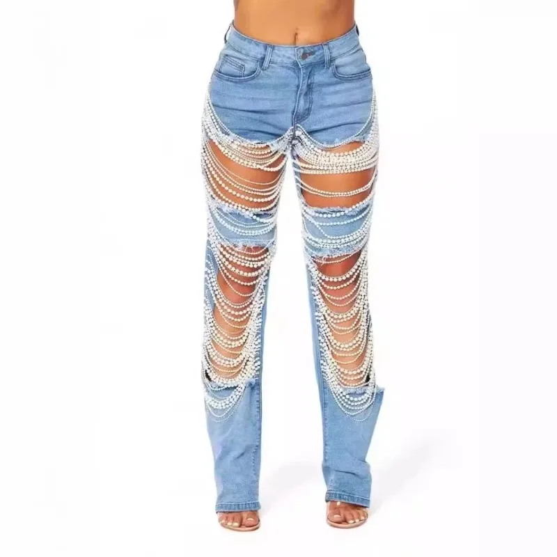Pantalones vaqueros con agujeros grandes para mujer, Vaqueros rectos con cadena de cuentas 2025, Vaqueros rasgados con cuentas para mujer, Vaqueros con bolsillos negros, Vaqueros elásticos ajustados para mujer