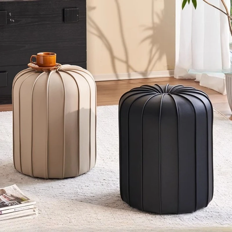 Luxury Leather Stool Modern Round Ottoman Living Room Creative Lantern Stool Vintage Coffee Table Footstool High-End Home Decor