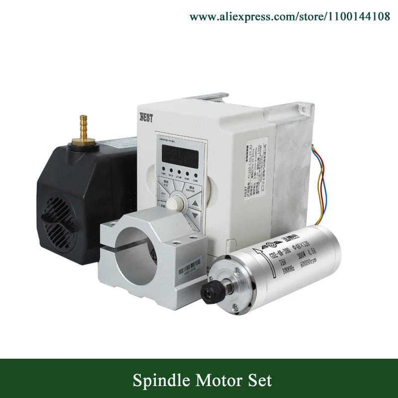 High Speed 60000rmp 300W 75V ER8 Water Cooled Spindle Motor + 1.5Kw AC220V VFD Inverter + 48mm Clamp + 75W Water Pump